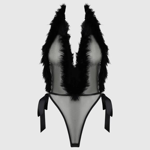 House of Desire Marilyn Marabou & Mesh Teddy Black Feather Bodysuit Medium NEW - Picture 4 of 13